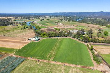 Aerial view of turf farms in regional New South Wales in Australia