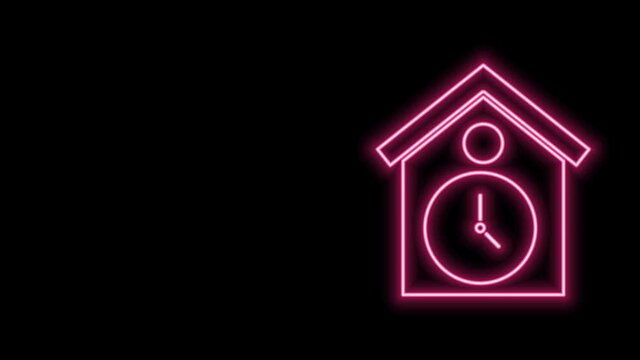 Glowing neon line Retro wall watch icon isolated on black background. Cuckoo clock sign. Antique pendulum clock. 4K Video motion graphic animation