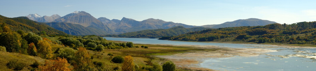 Fototapeta na wymiar Gran Sasso and Monti della Laga National Park, panoramic view of Lake Campotosto