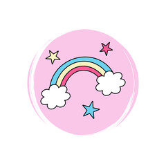 Cute logo or icon vector with rainbow and stars, illustration on circle with brush texture, for social media story and highlights