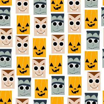Funny Halloween seamless pattern. Kids holiday background. Vector hand drawn illustration.