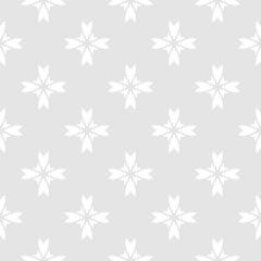 Naklejka na ściany i meble Vector floral texture. Geometric seamless pattern with small flower silhouettes, crosses. Simple abstract background. Subtle ornament in gray and white color. Repeat design for decor, wallpaper, cloth