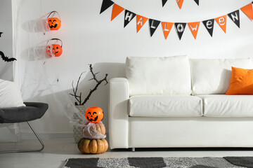 Modern room decorated for Halloween. Festive interior