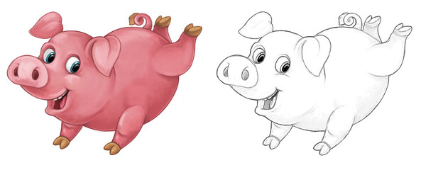 Cartoon sketch scene pig is standing looking and smiling - illustration