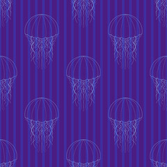 Childrens pattern. Jellyfish on a blue background. Dark blue background, with vertical stripes.