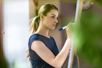 Young businesswoman writing on white board with her marker pen in office


