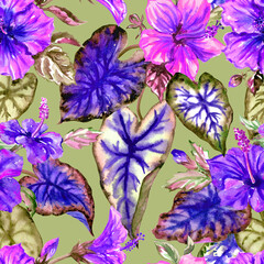 Obraz na płótnie Canvas Seamless pattern of tropical flowers and leaves in purple tones. Hibiscus and Caladium Leaves, plant tropical print for fabric, home furnishings, and various designs.