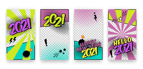 Vector trendy editable winter Happy 2021 New Year and Christmas set of templates for social media network stories in pop art comics style. Modern backgrounds with speech bubbles and halftone dots