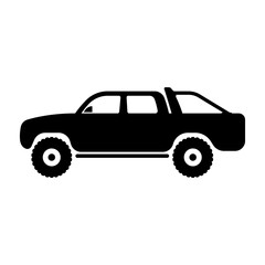 Pickup truck icon. Passenger off-road SUV. Black silhouette. Side view. Vector flat graphic illustration. The isolated object on a white background. Isolate.