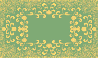 classic vintage frame with curls and an ornate pattern. green background, yellow brush strokes.