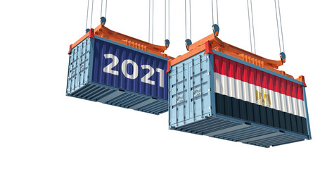 Trading 2021. Freight container with Egypt flag. 3D Rendering 