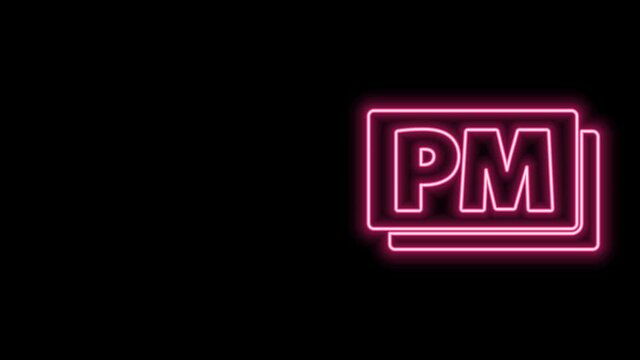 Glowing neon line Clock PM icon isolated on black background. Time symbol. 4K Video motion graphic animation