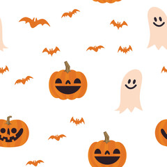 Halloween pumpkins, bats and ghosts seamless pattern. Cute illustrations background.