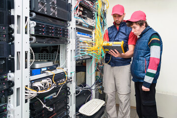 Two people work in a modern data center. Two specialists measure the signal level in the fiber...
