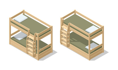 Isometric interior of children room or hostel room with bunk bed. The bunk bed with bedding isolated on the white background.