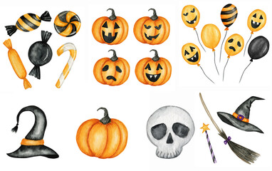 Watercolor creepy Halloween balloons, pumkins with scary faces, candy sweets for party, witch hat, broom, Magic wand, human skull Isolated illustration. Happy orange holiday Trick or treat Candies bar