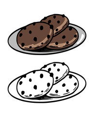 Doodles of сhocolate cookies. Hand drawn vector illustration. Realistic vintage sketch of food. Set of black contour and color elements isolated on white. Design, decor, print, card, sticker, poster.