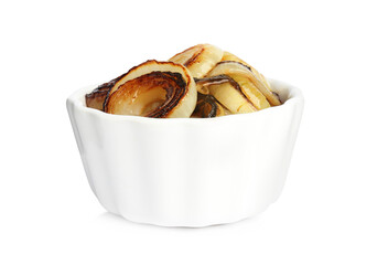 Tasty fried onion in bowl isolated on white
