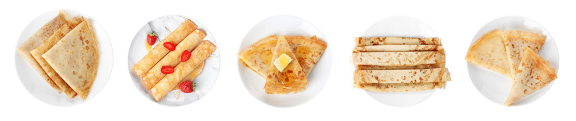 Set of tasty thin pancakes on white background, top view. Banner design