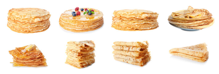 Set of tasty thin pancakes on white background. Banner design
