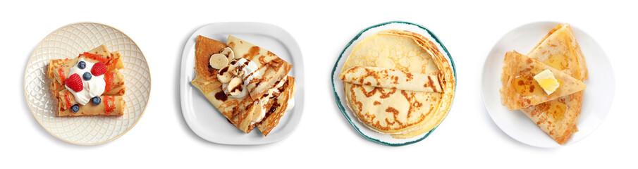 Set of tasty thin pancakes on white background, top view. Banner design