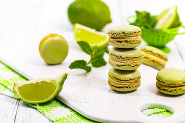 Obraz na płótnie Canvas Lime and Mint Flavored Green Macaron. Selective focus.