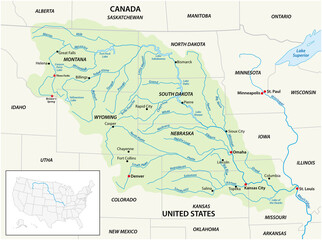 Vector map of the Missouri River Drainage Basin, United States, Canada - obrazy, fototapety, plakaty