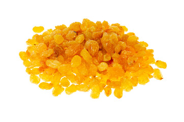 Bunch of light golden raisins isolated on white background.