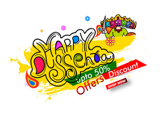 Greeting card of happy dusshera with bow and illustration of Lord Rama killing Ravana in Navratri festival of India(Hindu holiday Vijayadashami). Vector illustration.
