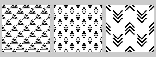 Set of geometric seamless pattern with staggered figures. Black shapes on white background. Triangles, arrows, lines, angles