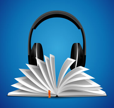 Audiobook concept - opened book with headphones