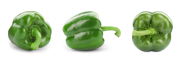 Set of fresh green bell peppers isolated on white. Banner design