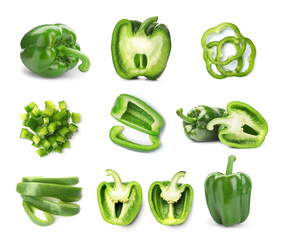 Set of cut and whole green bell peppers on white background