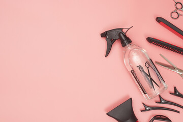 professional items for hairdressing, haircuts on a pink background, layout