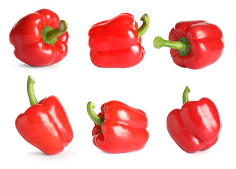 Set of red bell peppers on white background