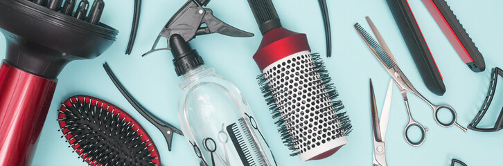 professional items for hairdressing, haircuts on a blue background, layout