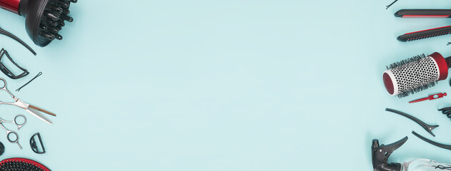 professional items for hairdressing, haircuts on a blue background, layout