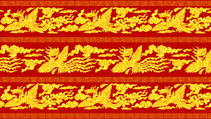 golden phoenix bird drawings pattern on red background