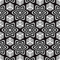 Black white abstract creative geometric background template with flowers, stars, rhombuses and contours. Vector graphic.