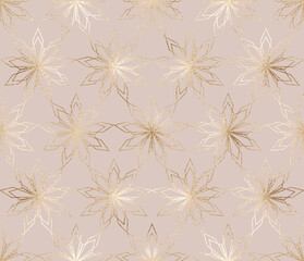 Christmas geometric gold snowflake  seamless pattern.