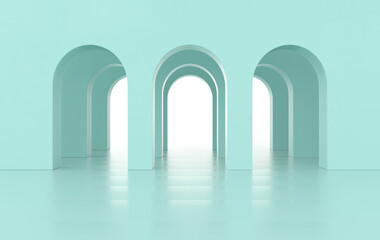 3d rendering. Arch hallway simple geometric background, architectural corridor, portal, arch columns inside empty wall. Modern minimal concept