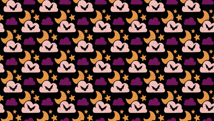 seamless pattern with crescent moon, stars, clouds and bats