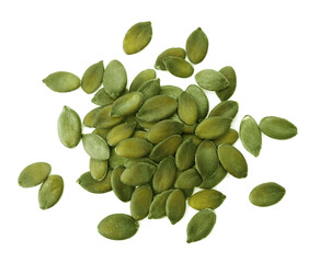 Peeled pumpkin seeds isolated on white, top view