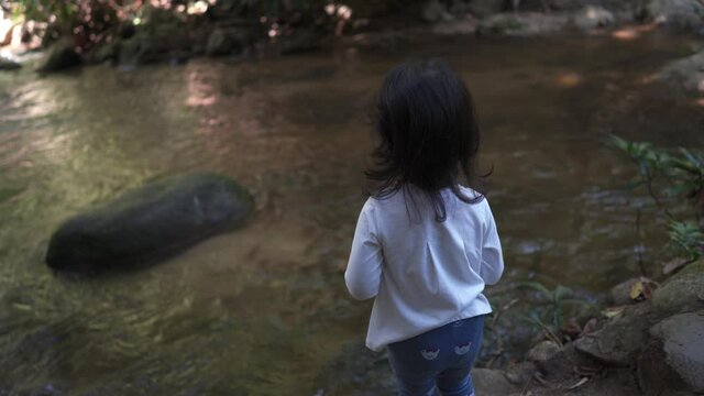 Rear view of little girl feeding fishes at nature streams