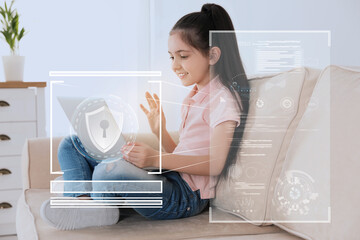 Child safety online. Little girl using laptop at home. Illustration of internet blocking app on...