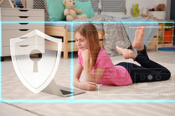 Child safety online. Teenage girl using laptop at home. Illustration of internet blocking app on foreground