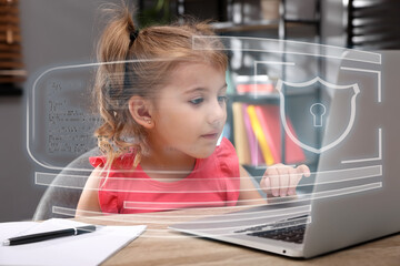Child safety online. Little girl using laptop at home. Illustration of internet blocking app on...