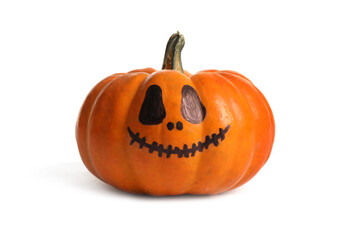 Halloween pumpkin with cute drawn face isolated on white