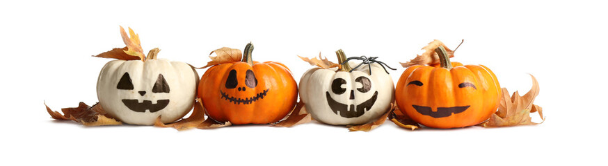 Cute Halloween pumpkins and autumn leaves on white background