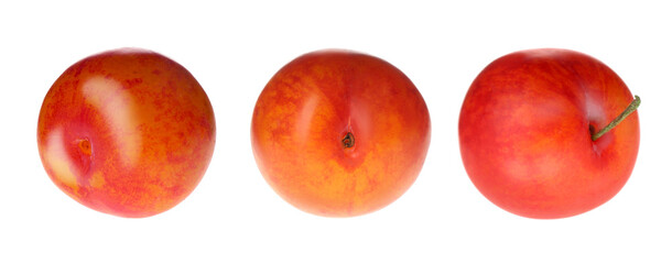 Set of fresh ripe plums on white background. Banner design
